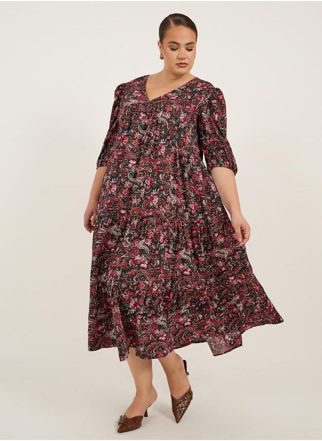 Plus Size Floral Print V-Neck Midi Dress
