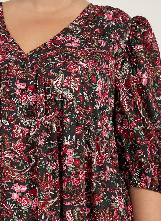 Plus Size Floral Print V-Neck Midi Dress
