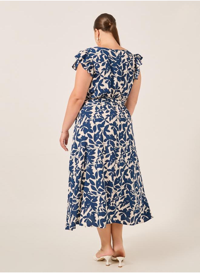 Plus Size Printed Frill Sleeve Midi Dress