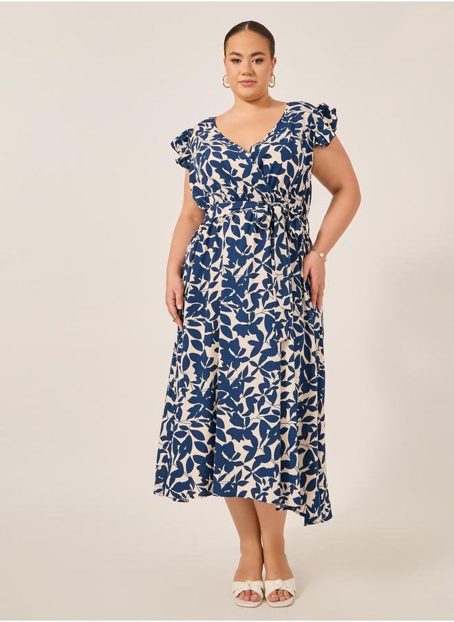 Plus Size Printed Frill Sleeve Midi Dress