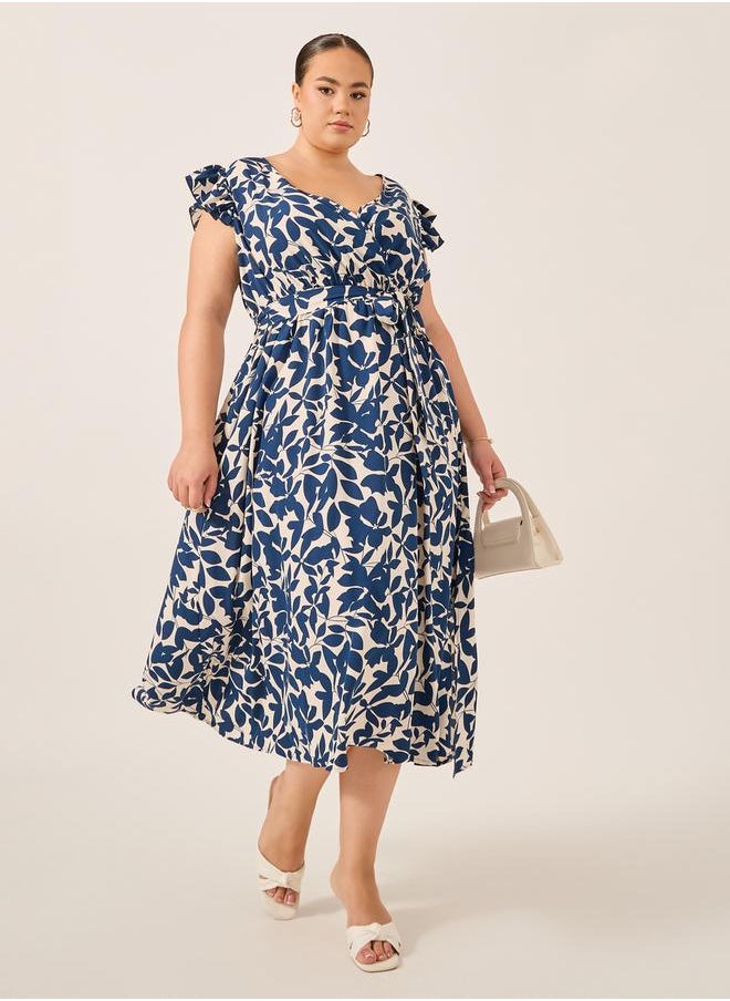 Plus Size Printed Frill Sleeve Midi Dress