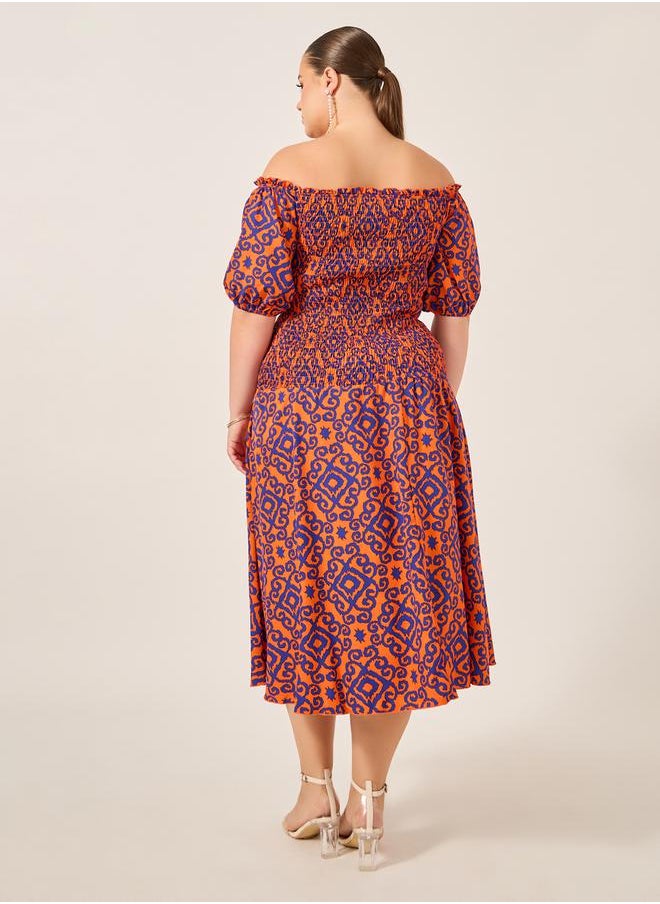 Plus Size All-Over Printed Smocked A-Line Midi Dress