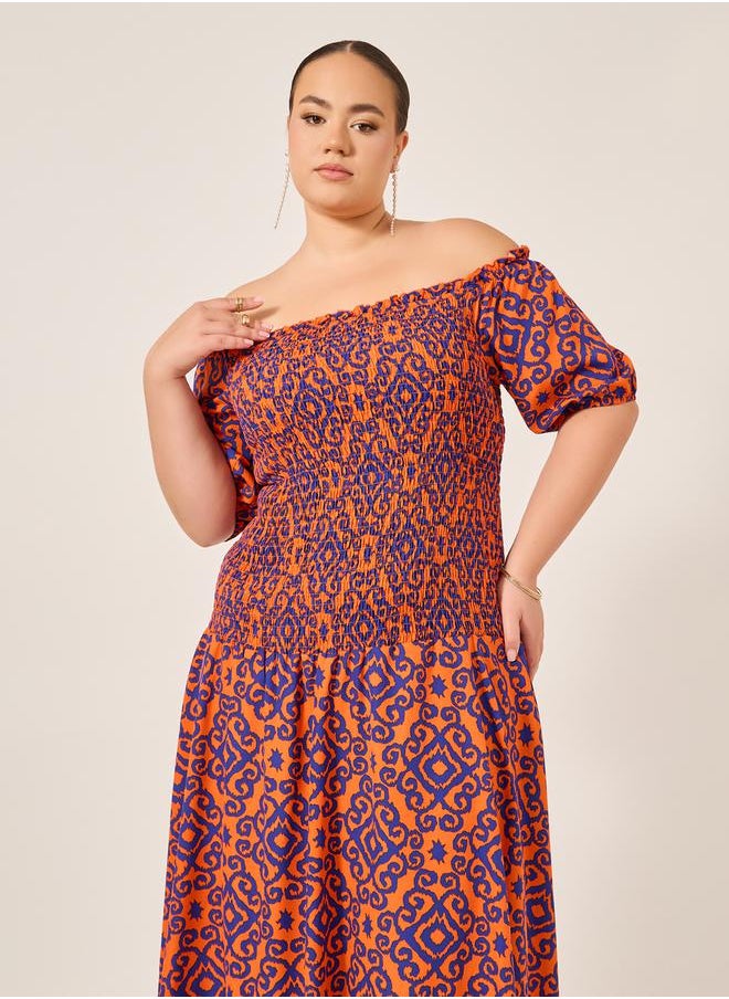 Plus Size All-Over Printed Smocked A-Line Midi Dress