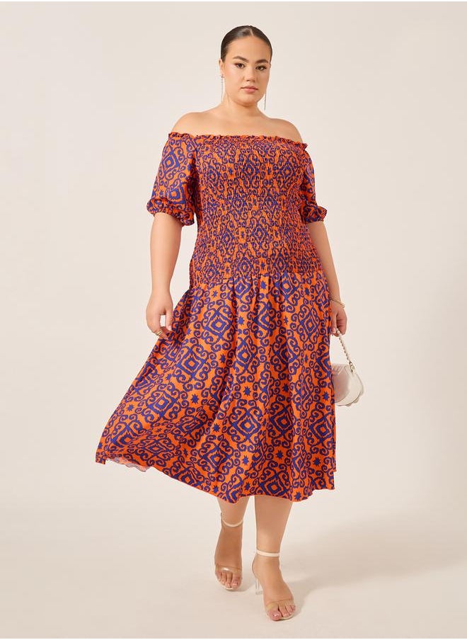 Plus Size All-Over Printed Smocked A-Line Midi Dress