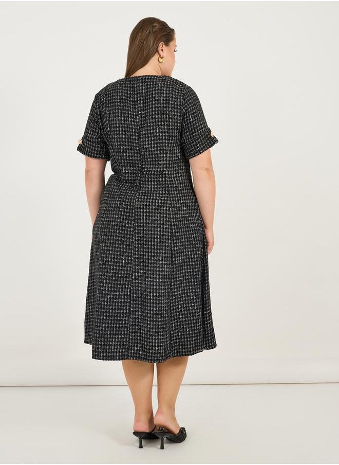 Plus Size Short Sleeves A-Line Tweed Midi Dress