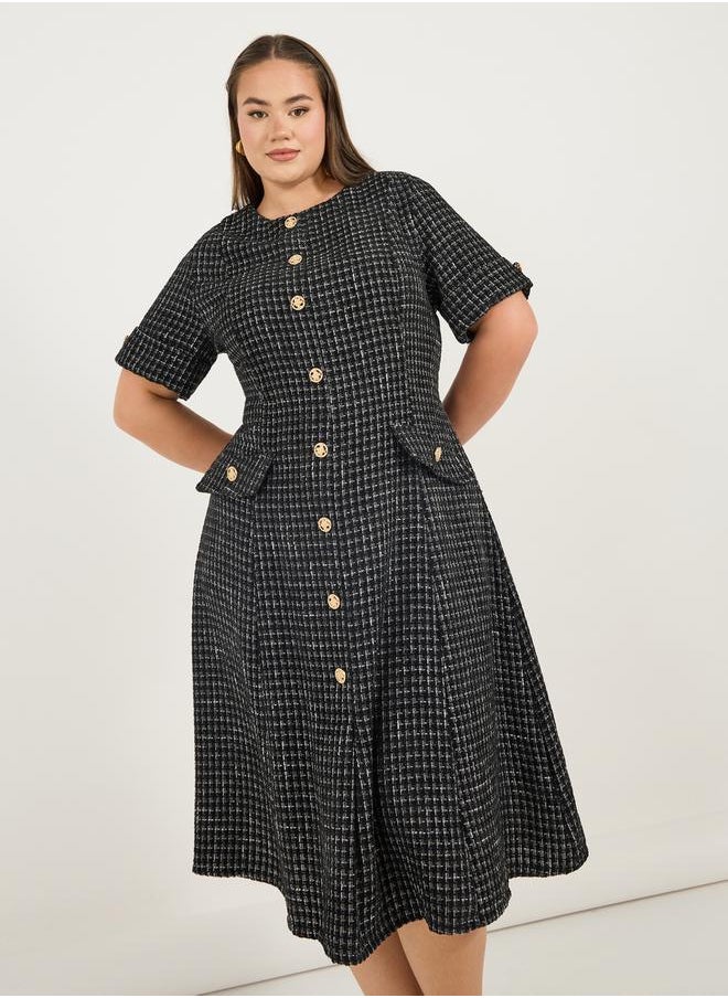Plus Size Short Sleeves A-Line Tweed Midi Dress