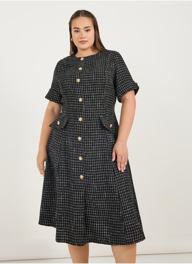 Plus Size Short Sleeves A-Line Tweed Midi Dress