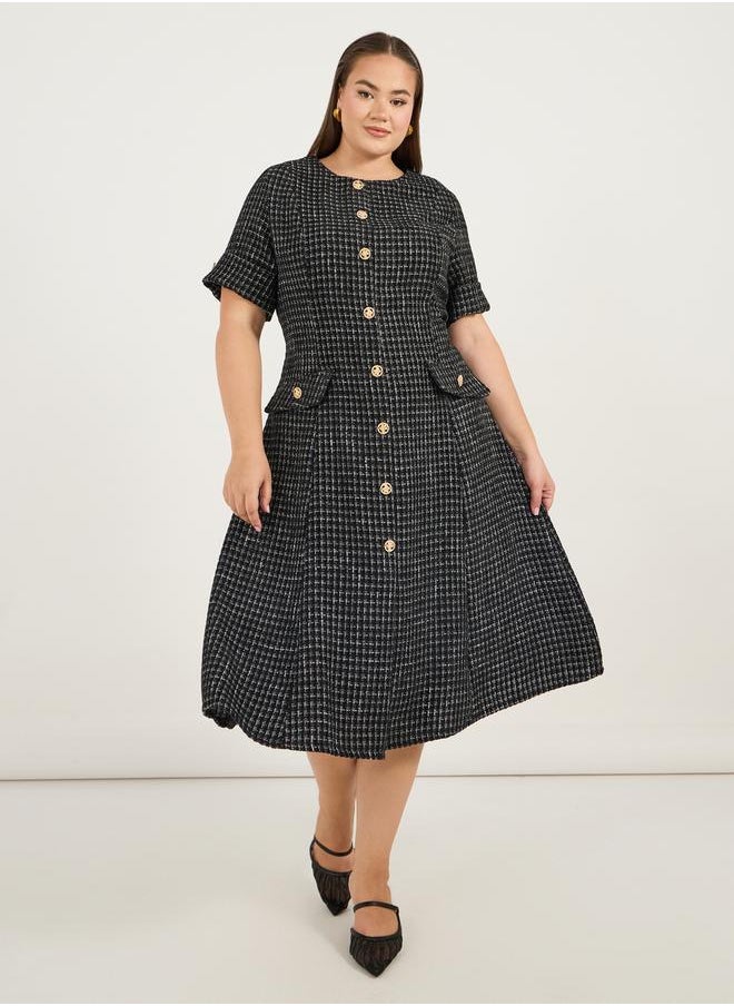 Plus Size Short Sleeves A-Line Tweed Midi Dress