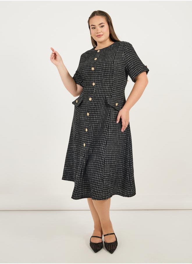 Plus Size Short Sleeves A-Line Tweed Midi Dress