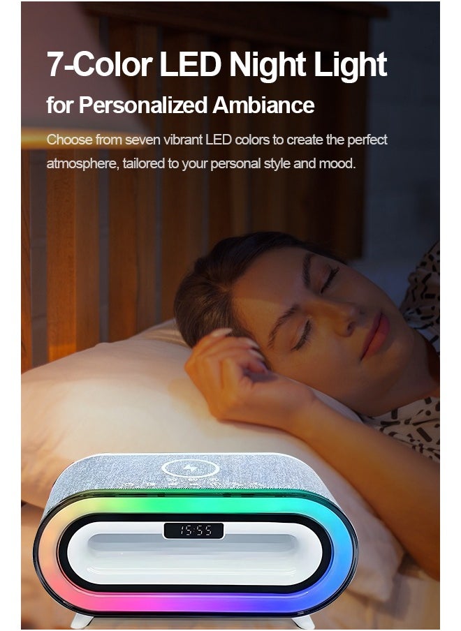 Compact Bluetooth Desktop Speaker with 360° Surround Sound, 7-Color LED Night Light, Wireless Charging, Perfect for Home Décor and Sleep Assistance