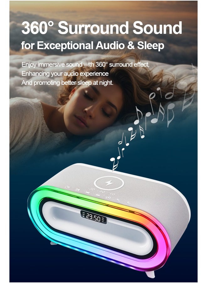 Compact Bluetooth Desktop Speaker with 360° Surround Sound, 7-Color LED Night Light, Wireless Charging, Perfect for Home Décor and Sleep Assistance