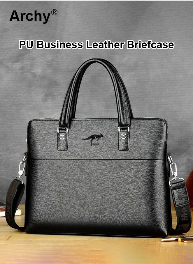 Men's Business Leather Briefcase Classic PU 14-Inch Laptop Bag Slim Messenger Bag