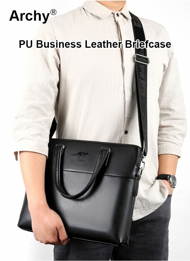 Men's Business Leather Briefcase Classic PU 14-Inch Laptop Bag Slim Messenger Bag
