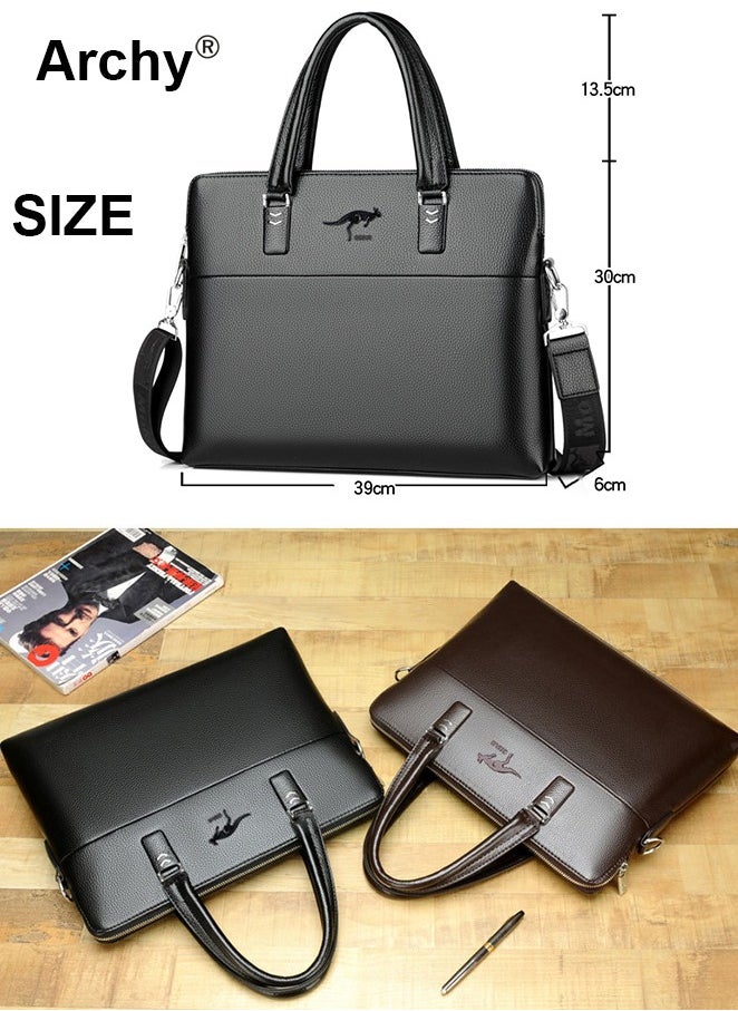 Men's Business Leather Briefcase Classic PU 14-Inch Laptop Bag Slim Messenger Bag
