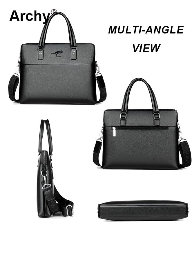 Men's Business Leather Briefcase Classic PU 14-Inch Laptop Bag Slim Messenger Bag