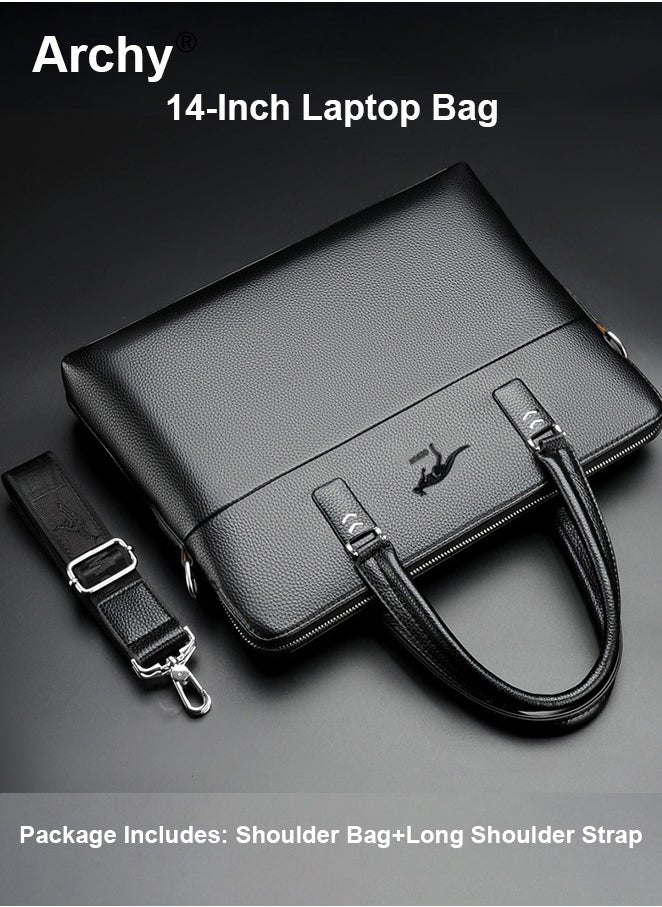 Men's Business Leather Briefcase Classic PU 14-Inch Laptop Bag Slim Messenger Bag