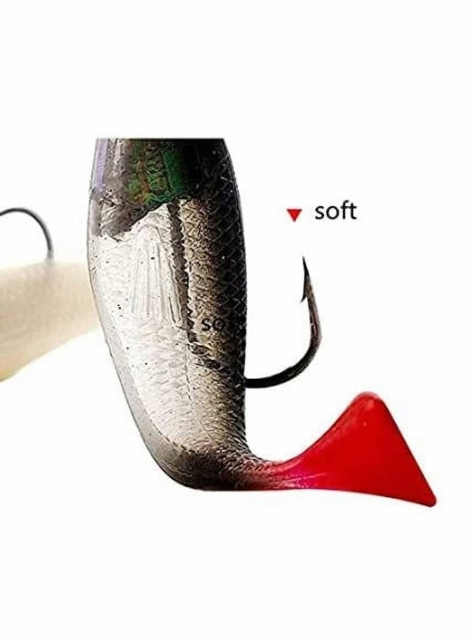 5PCS Fishing Lure Set with Lifelike Bass Lure for Saltwater/Freshwater - Soft Bait Head Sea Fish Lures with Sharp Treble Hook and T Tail Artificial Bait Kit - 8 cm Fishing Tackle