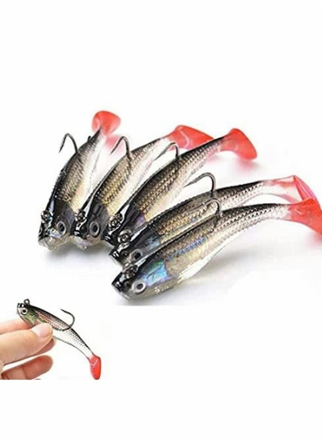5PCS Fishing Lure Set with Lifelike Bass Lure for Saltwater/Freshwater - Soft Bait Head Sea Fish Lures with Sharp Treble Hook and T Tail Artificial Bait Kit - 8 cm Fishing Tackle