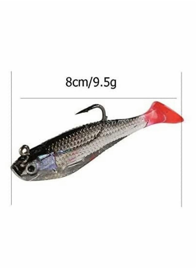 5PCS Fishing Lure Set with Lifelike Bass Lure for Saltwater/Freshwater - Soft Bait Head Sea Fish Lures with Sharp Treble Hook and T Tail Artificial Bait Kit - 8 cm Fishing Tackle
