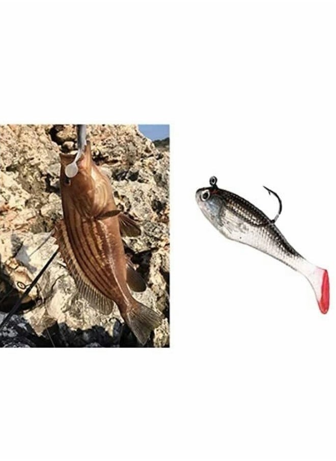5PCS Fishing Lure Set with Lifelike Bass Lure for Saltwater/Freshwater - Soft Bait Head Sea Fish Lures with Sharp Treble Hook and T Tail Artificial Bait Kit - 8 cm Fishing Tackle
