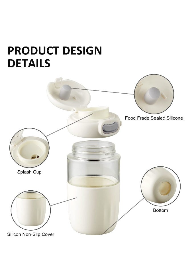 Reusable Coffee Cup, 16 oz Clear Glass Travel Mug with Flip-open Lid, 100% BPA Free, Microwave Safe, Anti-slip Silicone Sleeve (White)