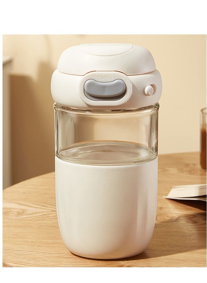 Reusable Coffee Cup, 16 oz Clear Glass Travel Mug with Flip-open Lid, 100% BPA Free, Microwave Safe, Anti-slip Silicone Sleeve (White)