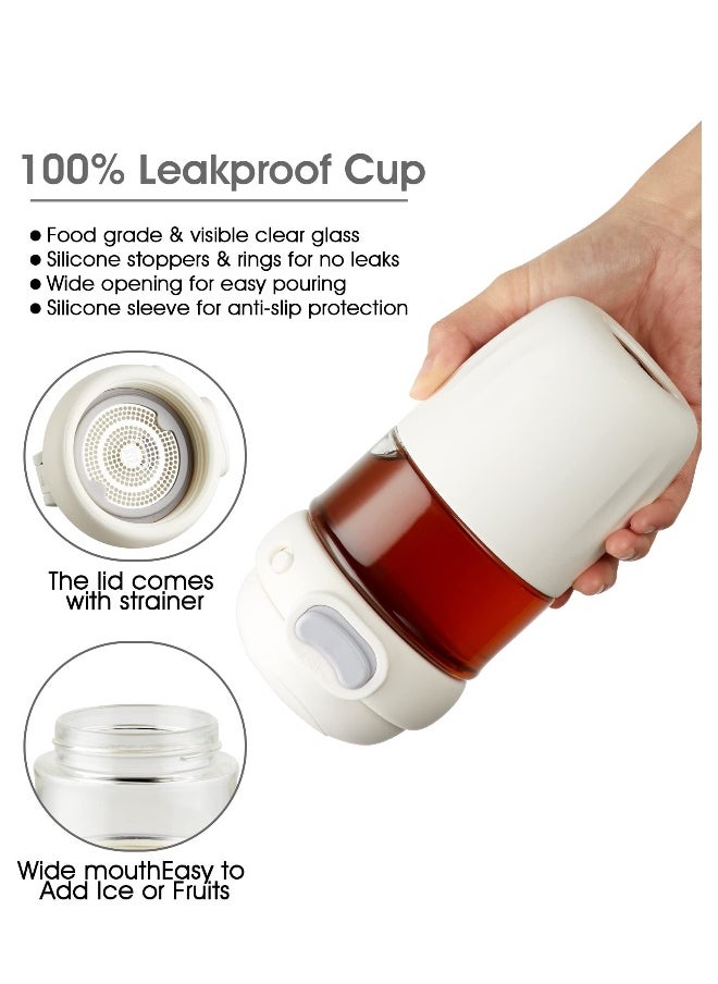 Reusable Coffee Cup, 16 oz Clear Glass Travel Mug with Flip-open Lid, 100% BPA Free, Microwave Safe, Anti-slip Silicone Sleeve (White)