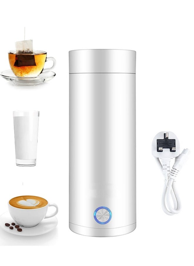 Portable Electric Kettle, 400ml Travel Tea Kettle with Non-stick Coating Double Wall Water Boiler Bottle Insulated Coffee Thermos Mug Fast Boil and Auto Shut Off Hot Water Heater (White)