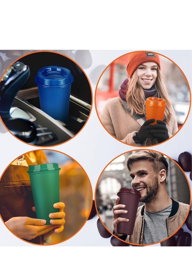 Set of 5 Color Changing Reusable Coffee Cups, 16 oz Plastic Travel Mugs with Lids, Quality Splash,Proof Design for Hot and Cold Beverages