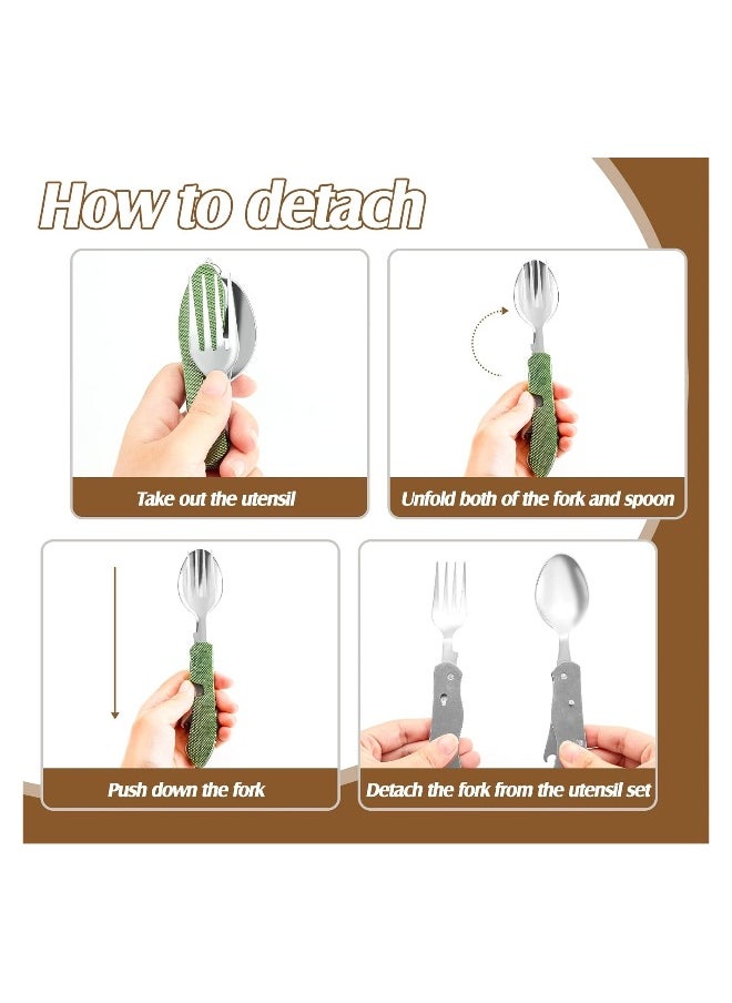 Portable 4-in-1 Camping Utensils Set, 2 Pack Stainless Steel Spoon, Fork, Knife & Bottle Opener for Travel and Backpacking, Compact Cutlery Multitool (Green)