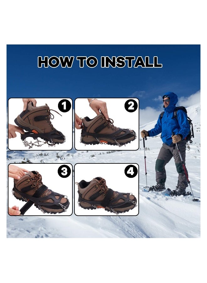 Non-Slip Ice Traction Cleats with 19 Stainless Steel Spikes for Shoes, Ideal for Walking, Jogging, Climbing, Hiking, and Mountaineering in Snow and Ice Conditions.