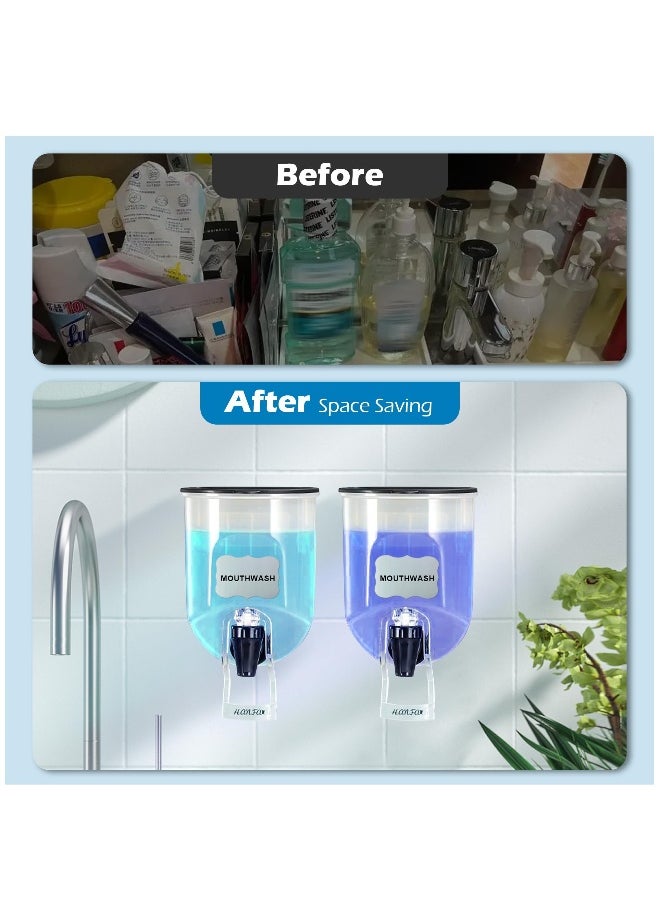 21oz Mouthwash Dispenser for Bathroom, 2 Pack Wall Mounted Clear Plastic Mouth Wash Container with 2 Reusable Sticker