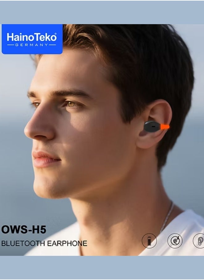 Haino Teko Germany OWS-H5  Bluetooth Earphones with High-Quality Sound, Super Clear Mic, and Touch Controls – Stylish & Comfortable Black Wireless Earphones for Music, Calls, and Sports.