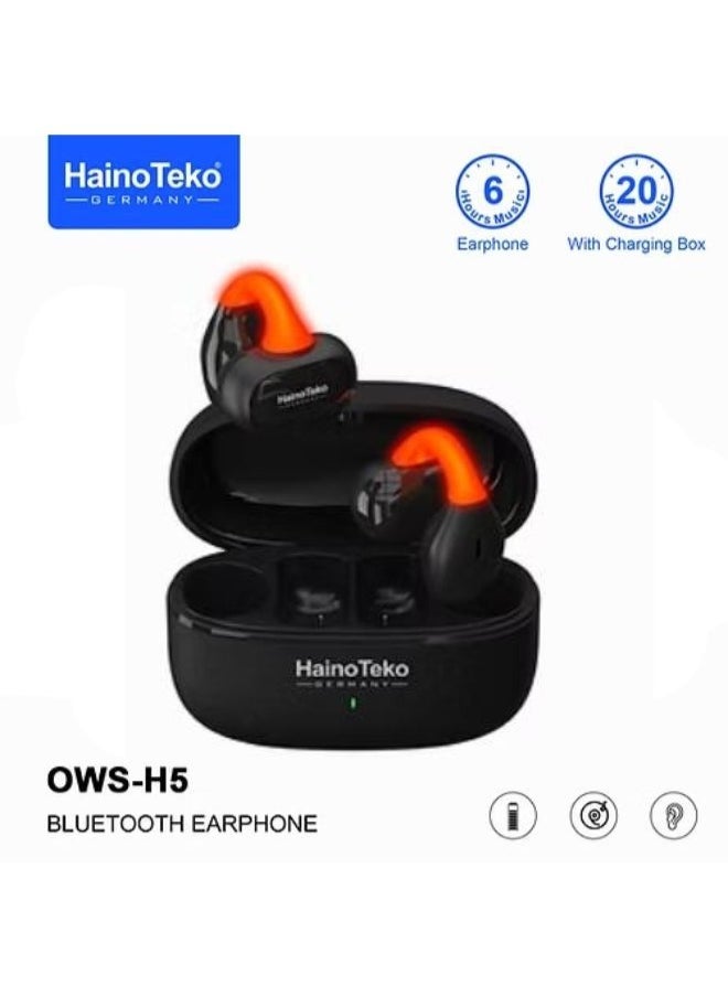 Haino Teko Germany OWS-H5  Bluetooth Earphones with High-Quality Sound, Super Clear Mic, and Touch Controls – Stylish & Comfortable Black Wireless Earphones for Music, Calls, and Sports.