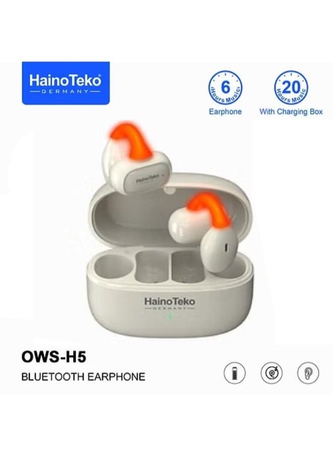 Haino Teko Germany OWS-H5  Bluetooth Earphones with High-Quality Sound, Super Clear Mic, and Touch Controls – Stylish & Comfortable White Wireless Earphones for Music, Calls, and Sports.