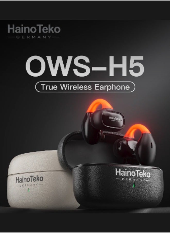 Haino Teko Germany OWS-H5  Bluetooth Earphones with High-Quality Sound, Super Clear Mic, and Touch Controls – Stylish & Comfortable White Wireless Earphones for Music, Calls, and Sports.