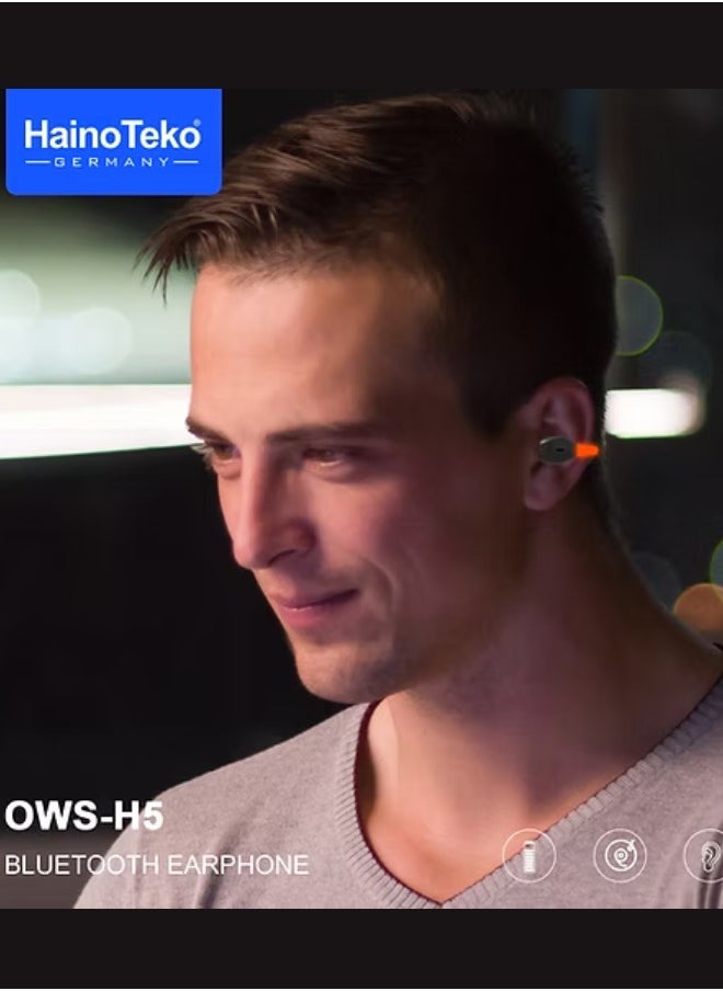Haino Teko Germany OWS-H5  Bluetooth Earphones with High-Quality Sound, Super Clear Mic, and Touch Controls – Stylish & Comfortable White Wireless Earphones for Music, Calls, and Sports.
