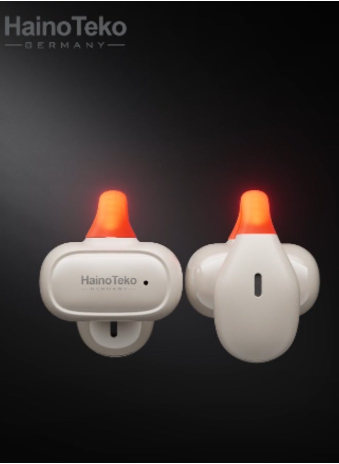 Haino Teko Germany OWS-H5  Bluetooth Earphones with High-Quality Sound, Super Clear Mic, and Touch Controls – Stylish & Comfortable White Wireless Earphones for Music, Calls, and Sports.