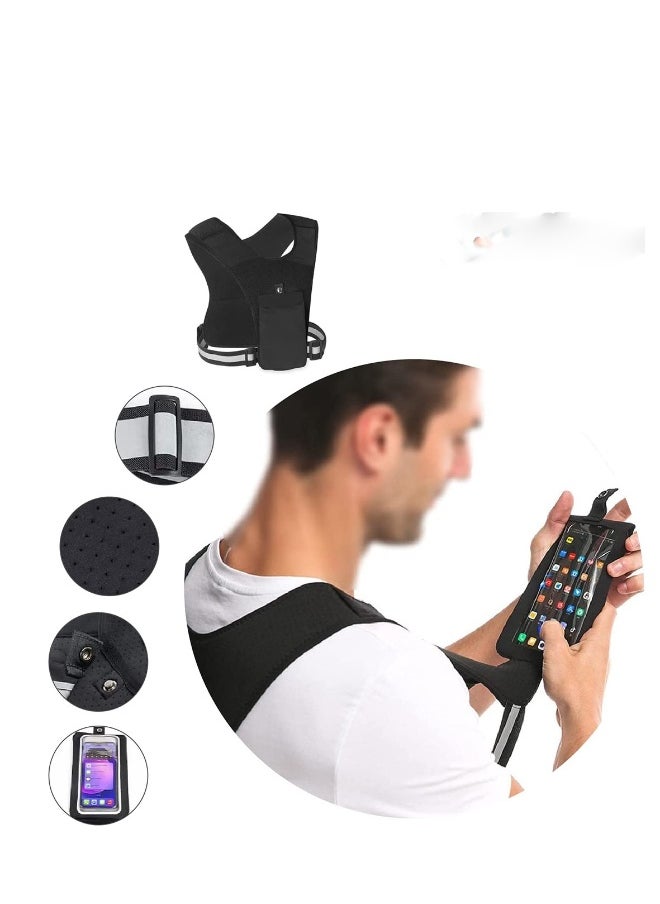 Adjustable Reflective Running Vest with Phone Holder, Breathable Sports Gear for Hands-Free Cycling and Walking