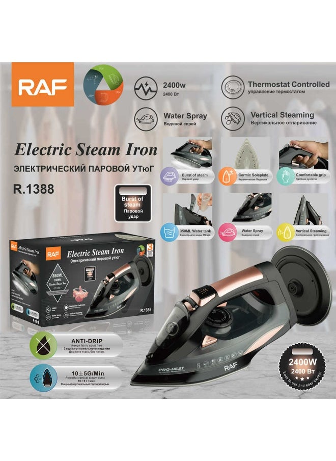 RAF R1388 Cordless Steam Iron – 2400W Hybrid Iron with Ceramic Soleplate, Vertical Steam, LED Indicator & Self-Cleaning Function – 350ml Water Tank