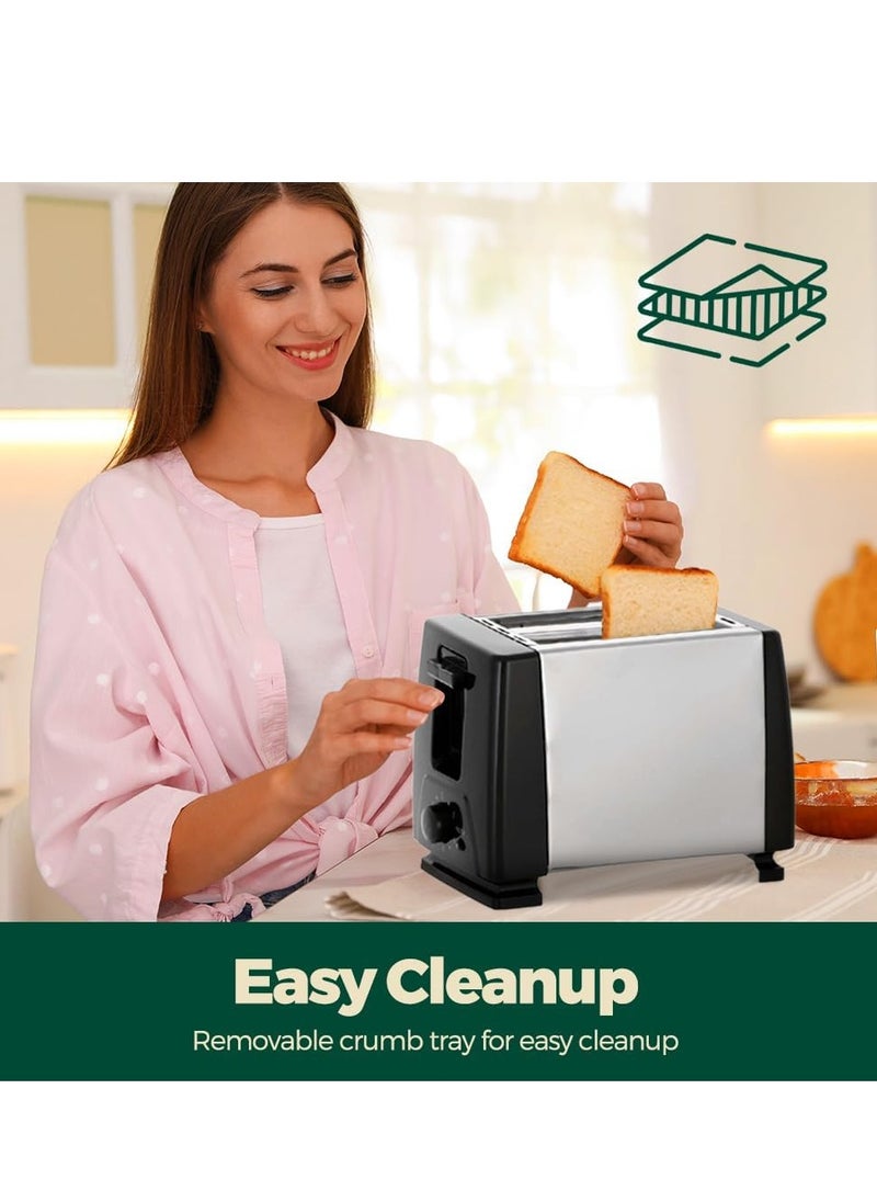 2 Slice Toaster with Adjustable Browning Control knob, Stop Function & Removable Crumb Tray Breakfast Maker Stainless Steel Bread Toaster (BRD01)