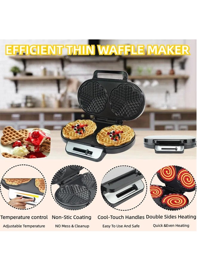 Double Mini Heart Shaped Waffle Maker-Thin Waffle Iron With Nonstick Surface For Easy Cleaning R.557