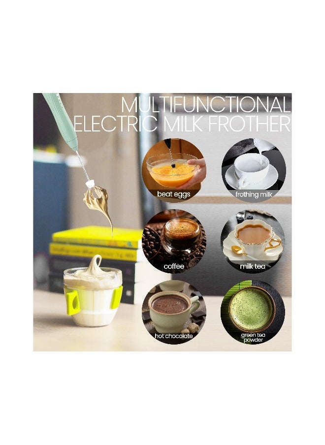 Handheld Milk Frother, USB-C Rechargeable Electric Whisk Drink Foam Mixer, 3 Speeds Adjustable Green Mini Coffee Frother for Latte, Cappuccino, Egg, Hot Chocolate(with 2 Heads 1 Stand)