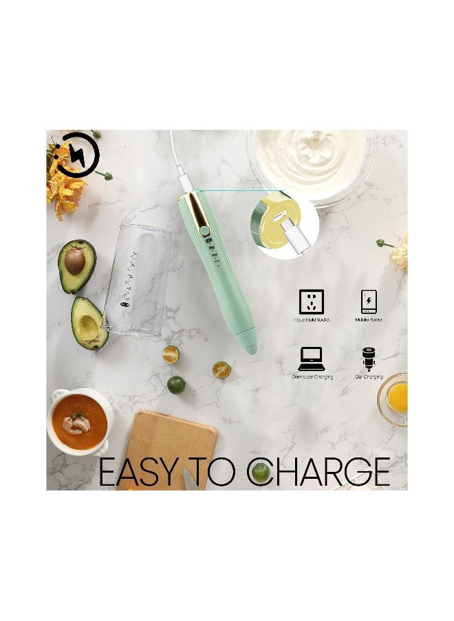 Handheld Milk Frother, USB-C Rechargeable Electric Whisk Drink Foam Mixer, 3 Speeds Adjustable Green Mini Coffee Frother for Latte, Cappuccino, Egg, Hot Chocolate(with 2 Heads 1 Stand)