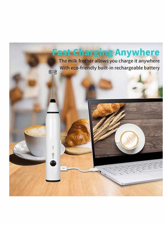 Milk Frother, 3 Speeds Electric Handheld Foam Make, USB Rechargeable with Stainless Whisk, for Coffee, Latte, Cappuccino, Chocolate, Milk Tea, Coconut Milk, Durable Frother Mixer (White)