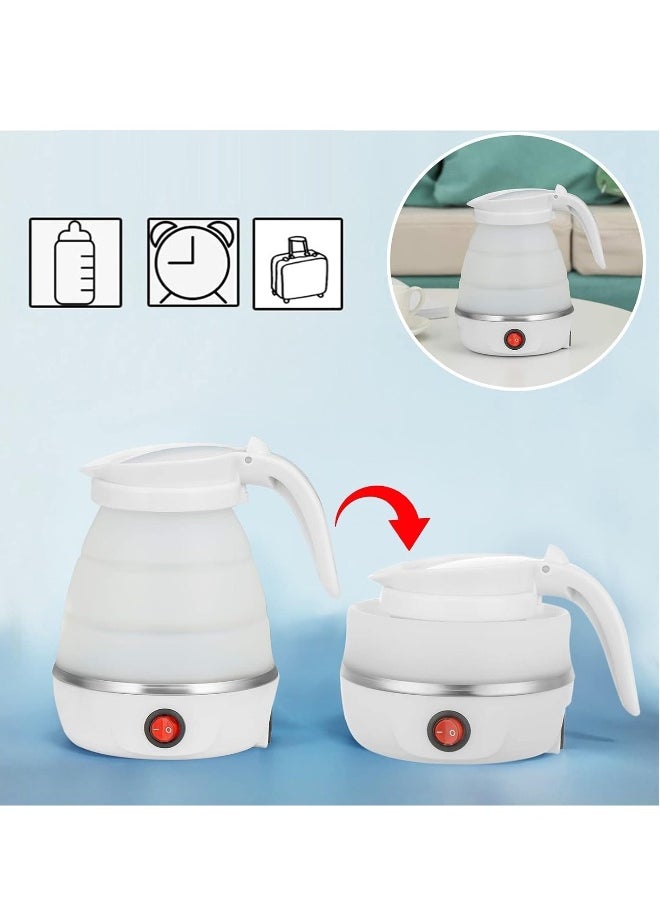Portable Kettle, Foldable Travel Kettle, Electric Food Grade Silicone Collapsible Heating Water Boiler Tea Pot for Camping | White 600ML