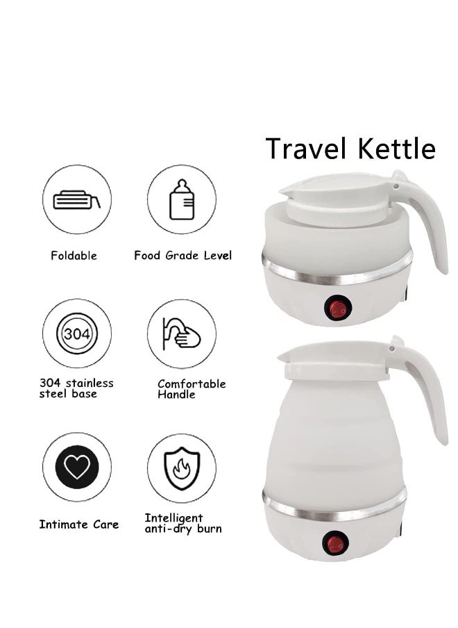 Portable Kettle, Foldable Travel Kettle, Electric Food Grade Silicone Collapsible Heating Water Boiler Tea Pot for Camping | White 600ML