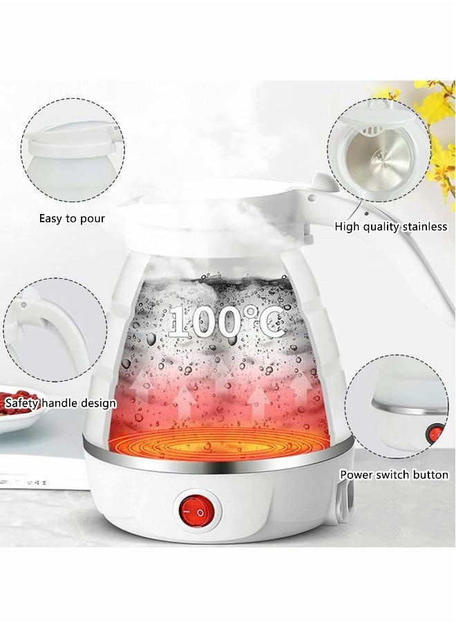 Portable Kettle Foldable Travel Kettle Electric Food Grade Silicone Collapsible Heating Water Boiler Tea Pot for Camping White 600ML