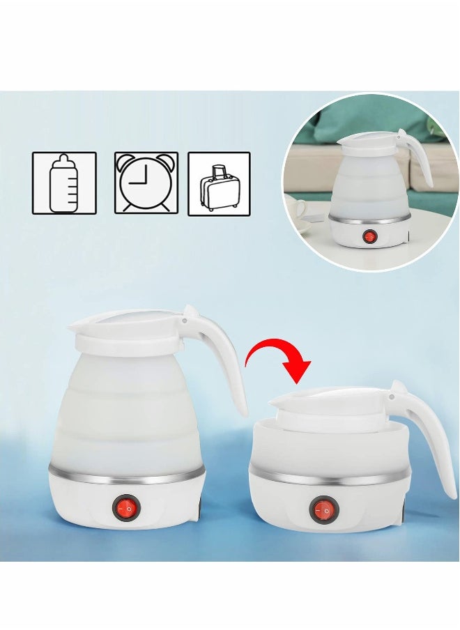 Portable Kettle Foldable Travel Kettle Electric Food Grade Silicone Collapsible Heating Water Boiler Tea Pot for Camping White 600ML