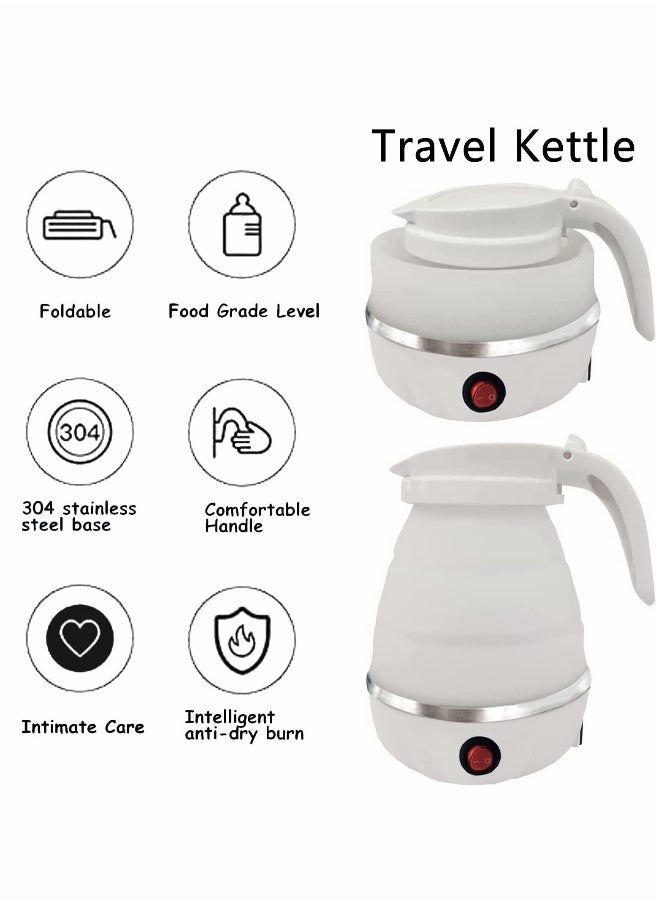 Portable Kettle Foldable Travel Kettle Electric Food Grade Silicone Collapsible Heating Water Boiler Tea Pot for Camping White 600ML